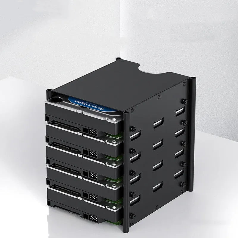 Black metal 5-layer 3.5-inch hard drive storage bracket with screwdriver and screw pack on a desk
