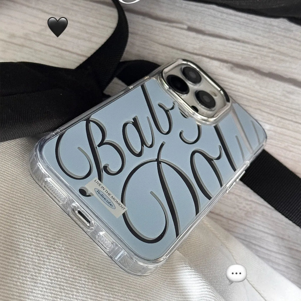 Blue transparent iPhone case with a mirror back panel showing JMKJ English lettering.