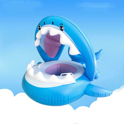 Inflatable shark seat ring for kids with sun awning, blue