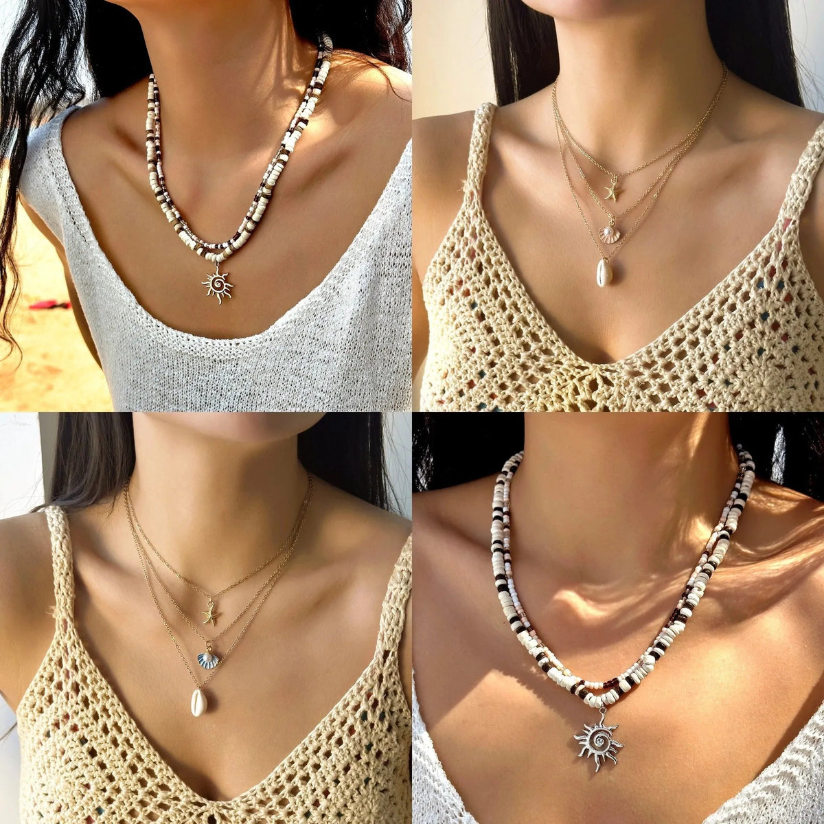 European American beach style starfish shell pendant necklace for women, pink shell colour, alloy and wooden bead construction