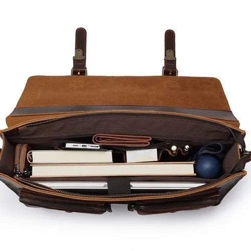First layer cowhide leather computer crossbody bag in dark brown with visible sewing lines