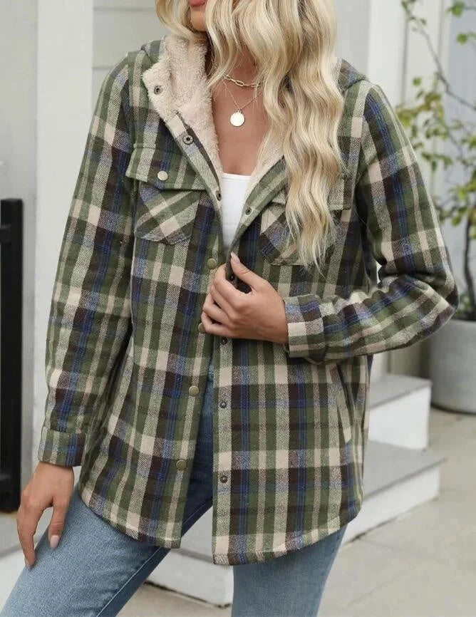 Casual plaid hooded woolen coat with fleece lining in various colours