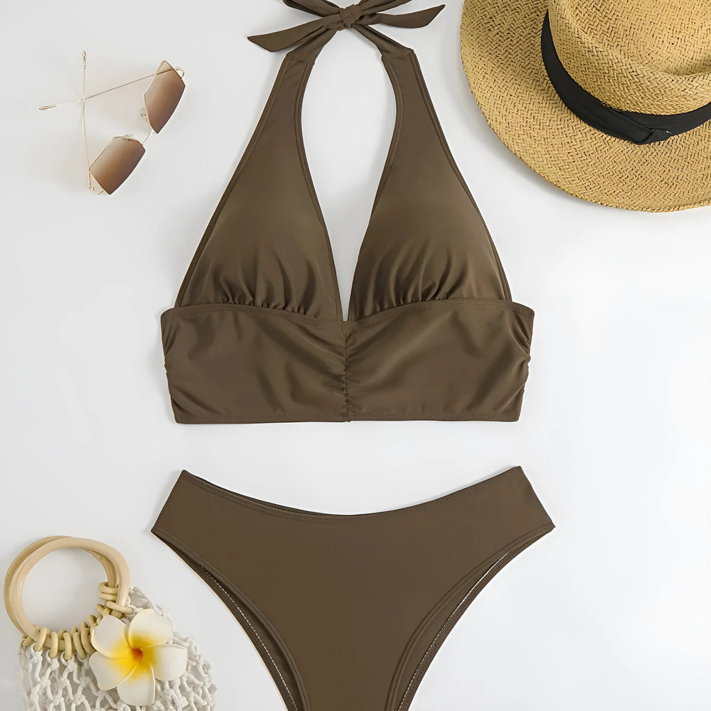 Women's brown polyester quick-dry bikini split swimsuit, sleeveless, available in sizes S M L