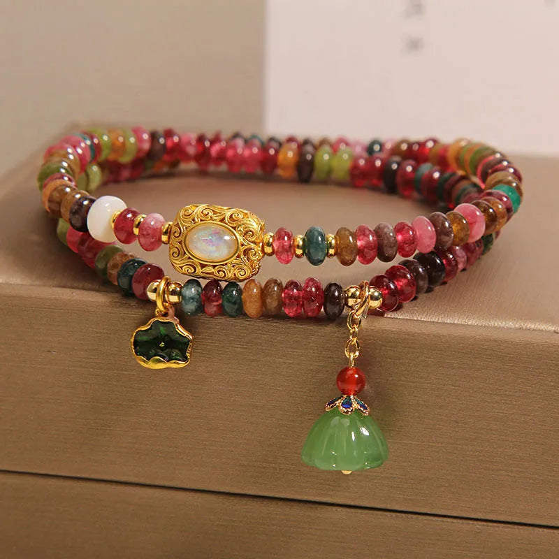 Double ring rainbow tourmaline abacus beads bracelet with lotus leaf and lotus seedpod design for women