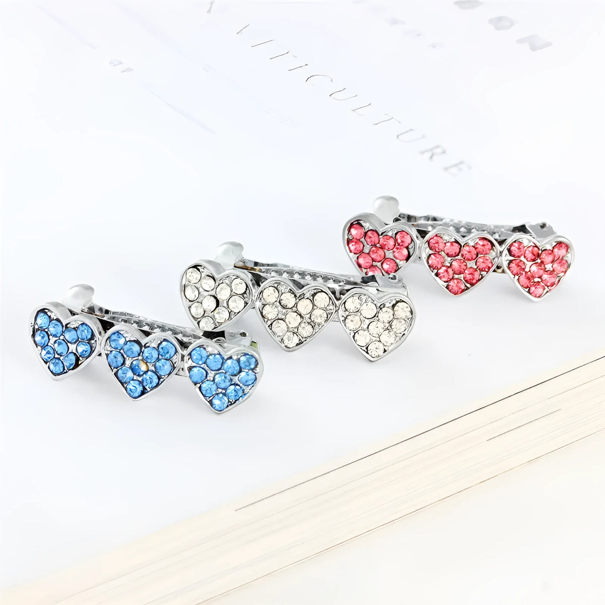 Rhinestone alloy peach heart barrette for girls and pet in white pink blue 3CM