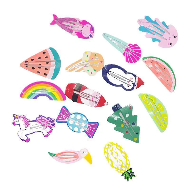 Children's metal hair barrettes with fruit designs including watermelon and strawberry patterns
