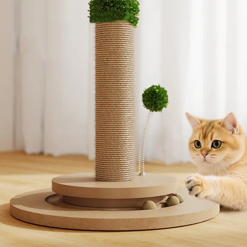 Vertical cat climbing frame with hemp rope scratching posts on a density board structure, in a canna colour.