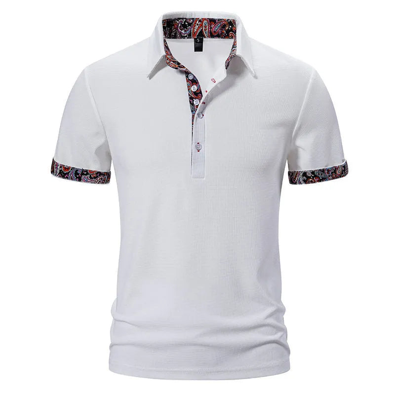 Men's white cotton blend polo shirt with a turnover collar and short sleeves on a hanger.