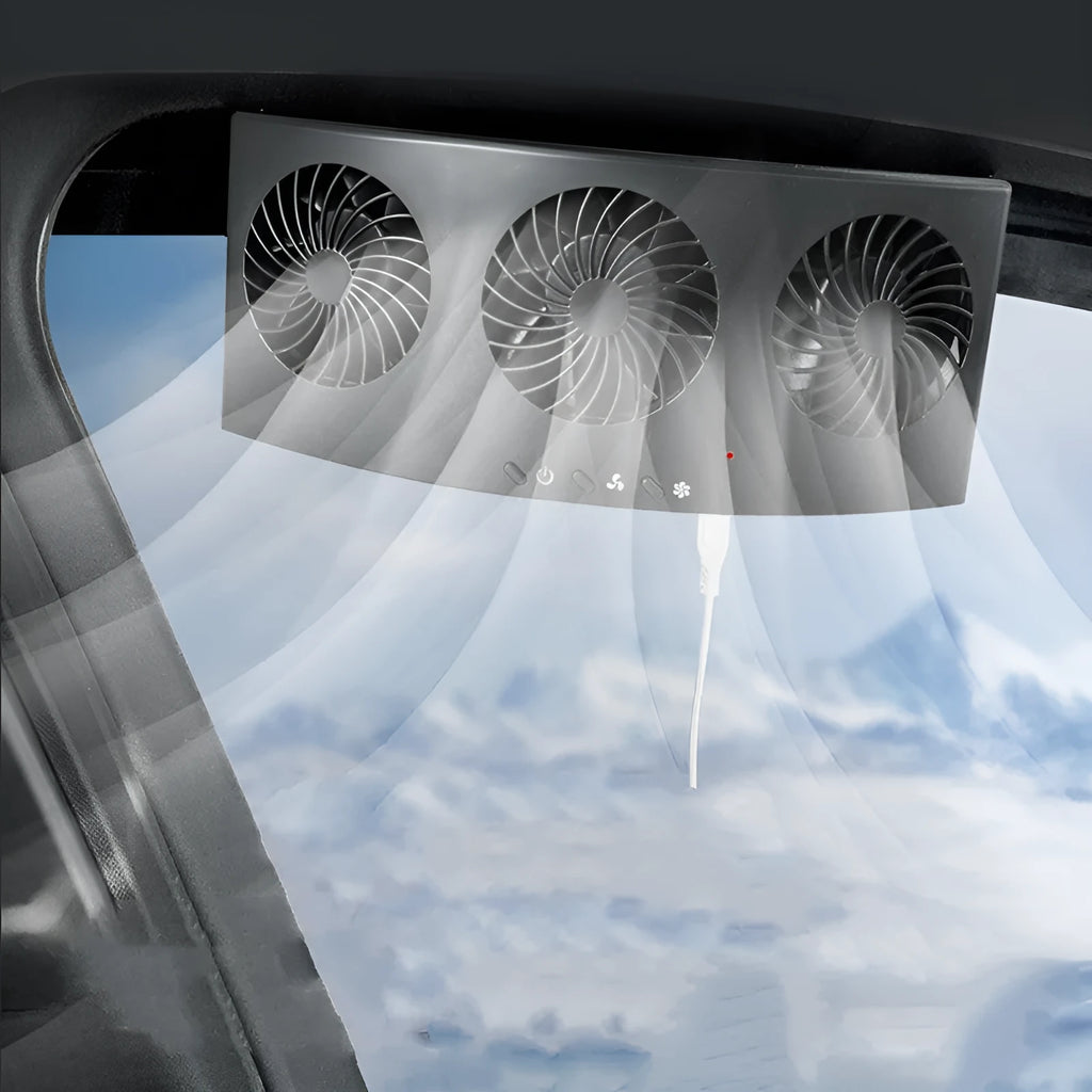 Black and white USB car ventilation fan for exhaust odour reduction, approx. 23cm long.