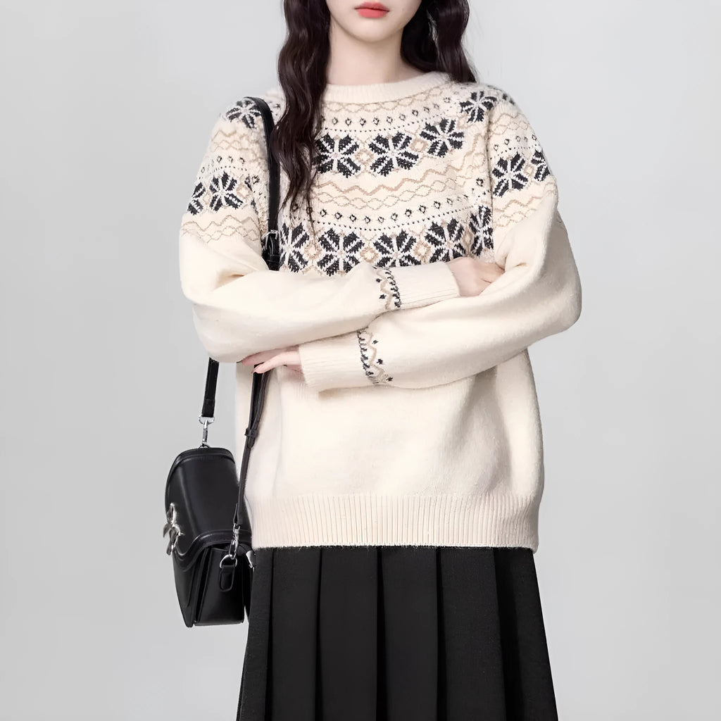 Women's Milky White vintage fair isle pullover sweater with geometric pattern, loose fit, and long sleeves.