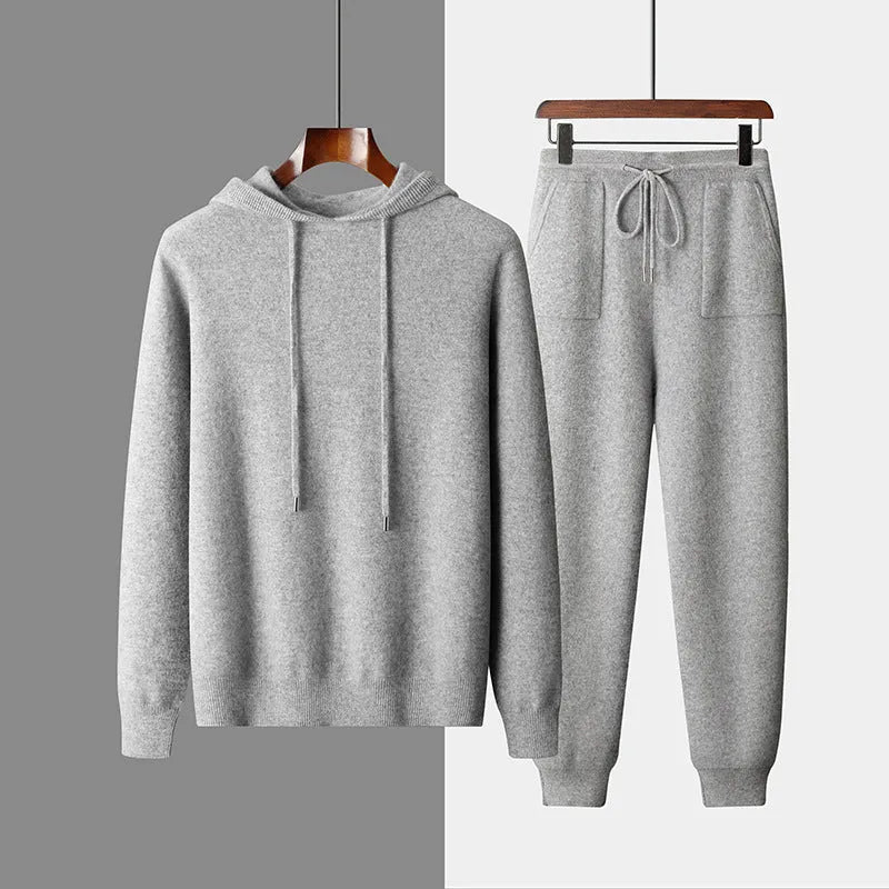 Men's light grey hooded knitted sweatshirt and matching trousers casual winter set.