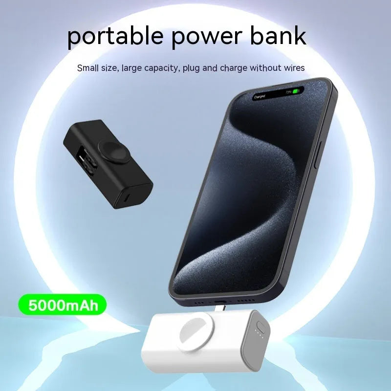 Compact 5000mAh portable power bank with folding double head in black plastic shell