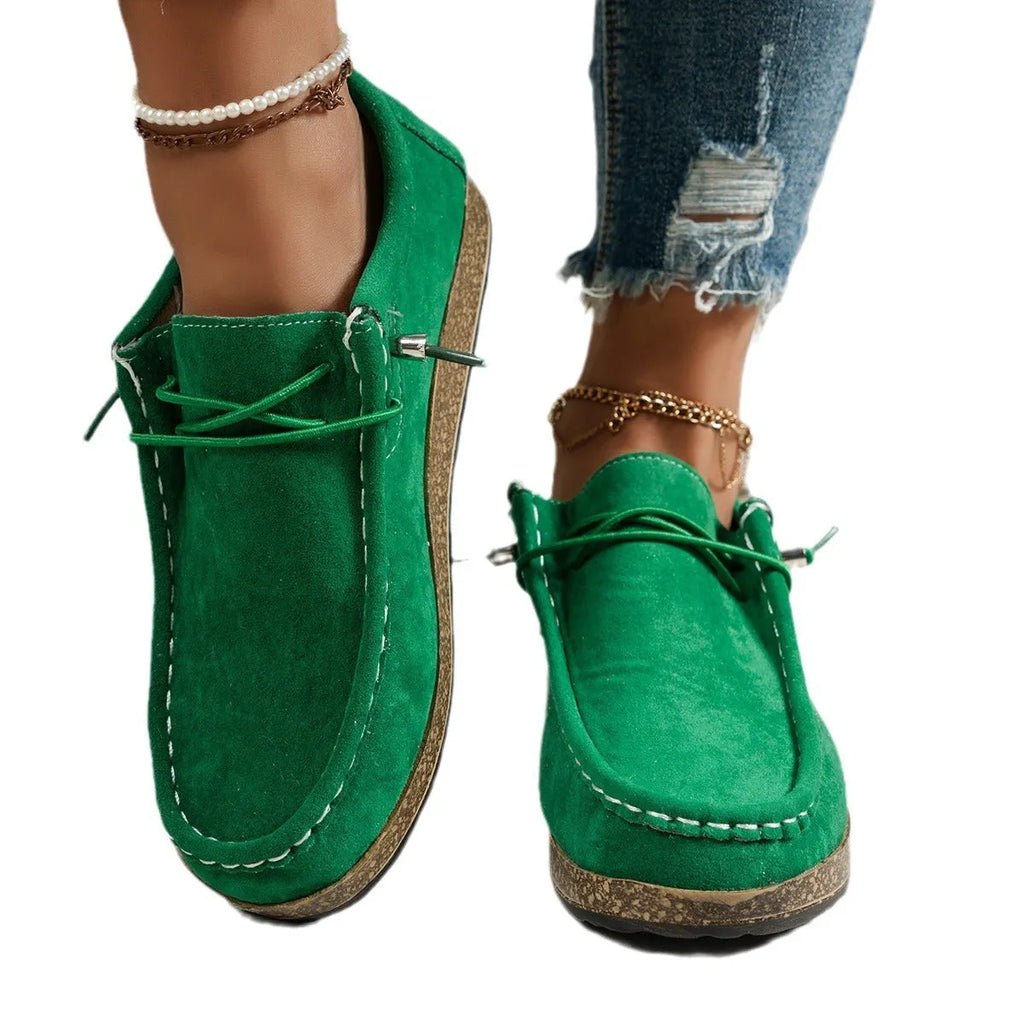 Women's green elastic slip-on casual shoes with PU upper, low top, round toe, flat heel