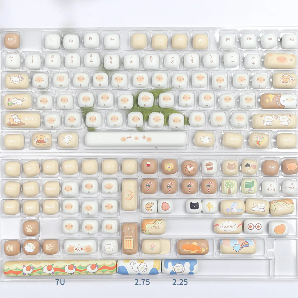 PBT mechanical keyboard keycap set with steampunk cat designs and 7u spacebar