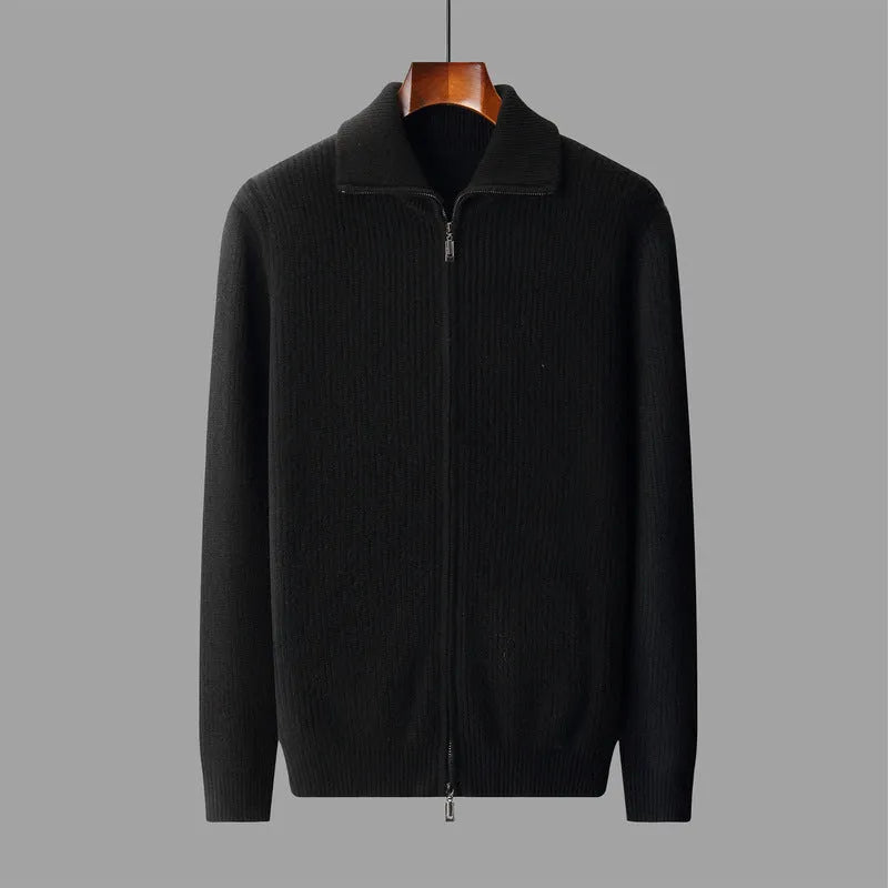 New pure wool zipper cardigan for men in dark gray with lapel collar and front zip, shown on a model