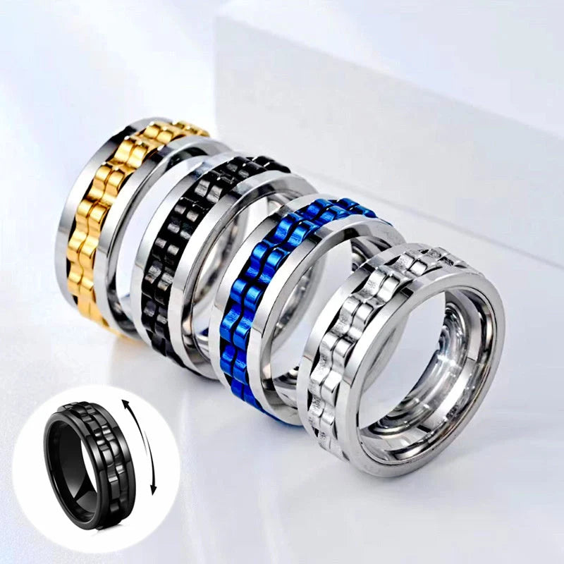 Men's titanium spinner ring with square texture and rotating gear design