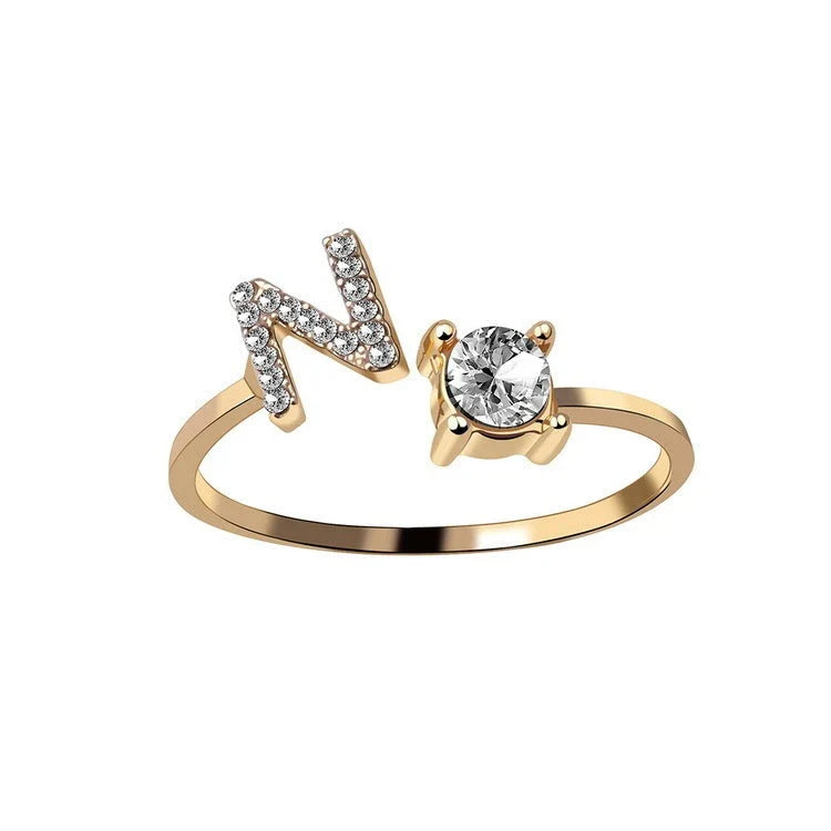 Elegant 26-letter adjustable initial ring in gold, silver, and rose gold finishes