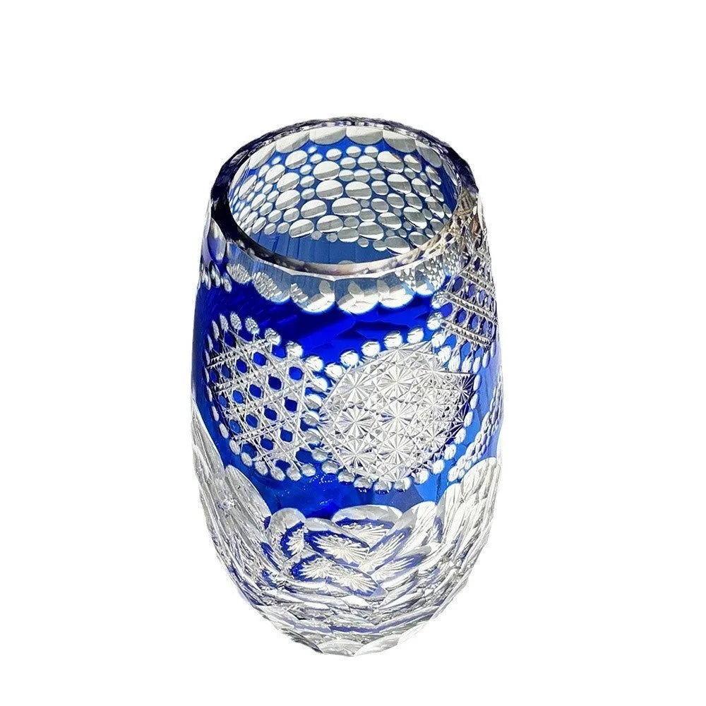 Blue Jianghu cut crystal glass tumbler 80x190mm on a table