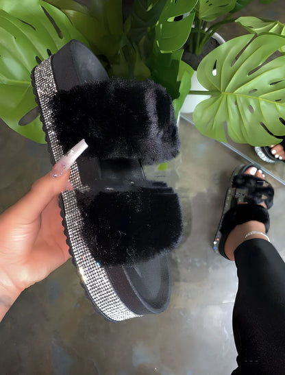 Women's bling reversible fur slide slippers in black with 6-8cm wedge heel, rhinestone accents, and non-slip sole