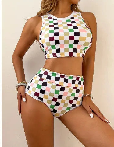 Women's black and white chessboard plaid racing one-piece swimsuit with a suspender backless design.