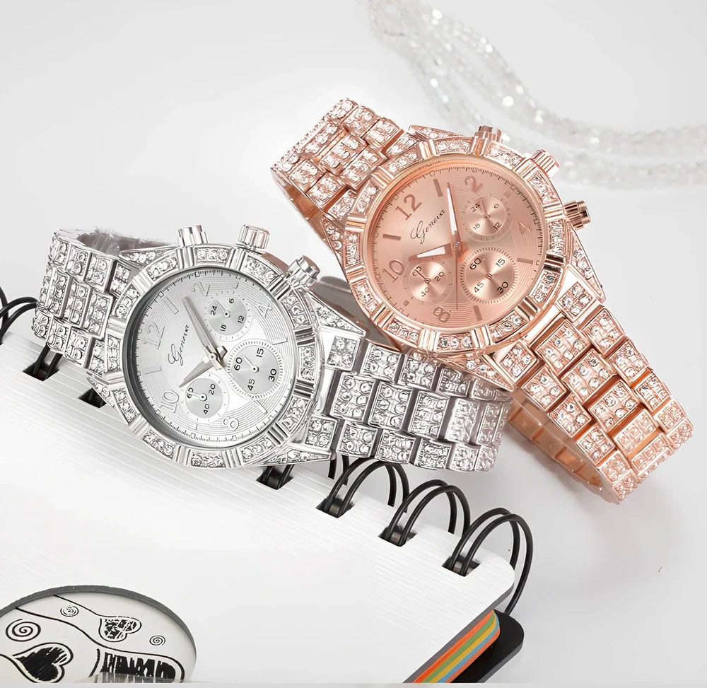 Women's gold crystal quartz analog watch with 38mm stainless steel dial and 22cm band