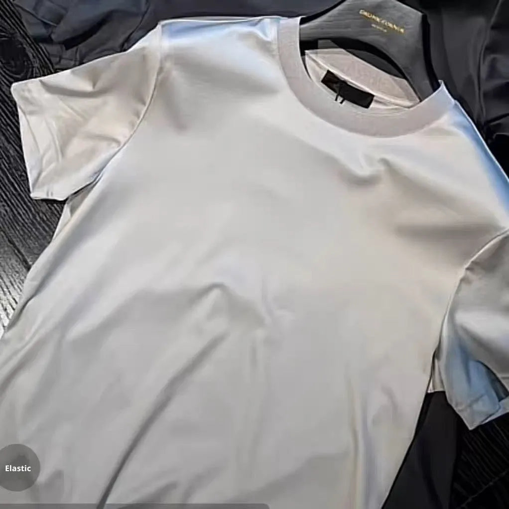 Ice Silk soft breathable round neck short sleeve T-shirt for men in black, dark gray, and light gray, sizes M to 4XL
