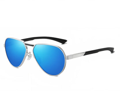Large frame polarised glasses in black alloy with gray TAC lenses, reducing glare by 99% for clear vision