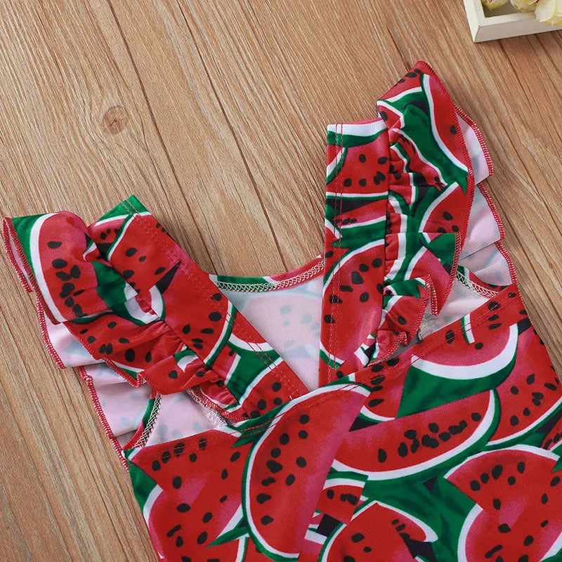 Printed sleeve one-piece polyester swimsuit for baby girls, red or yellow, sizes 80-120cm