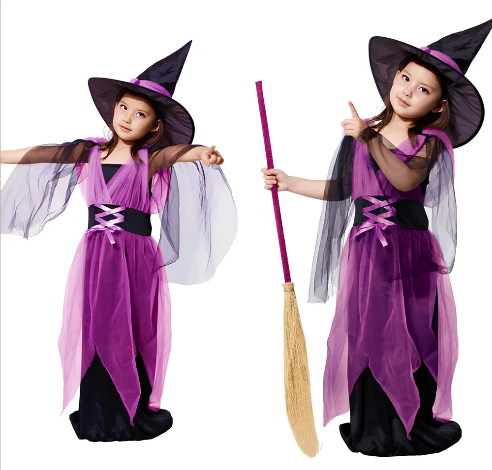 Child witches role play costume in purple linen, 90% composition, sizes 50-160cm with bat accessory option