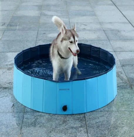 Foldable large dog swimming pool made of durable PVC and PP materials, with a non-slip bottom for safe bathing and playing