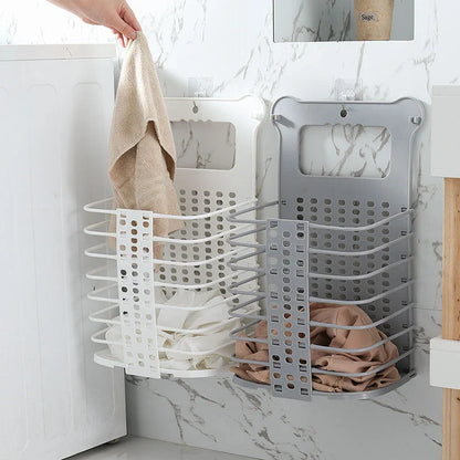 Foldable white laundry basket with handle for clothes and toys organisation