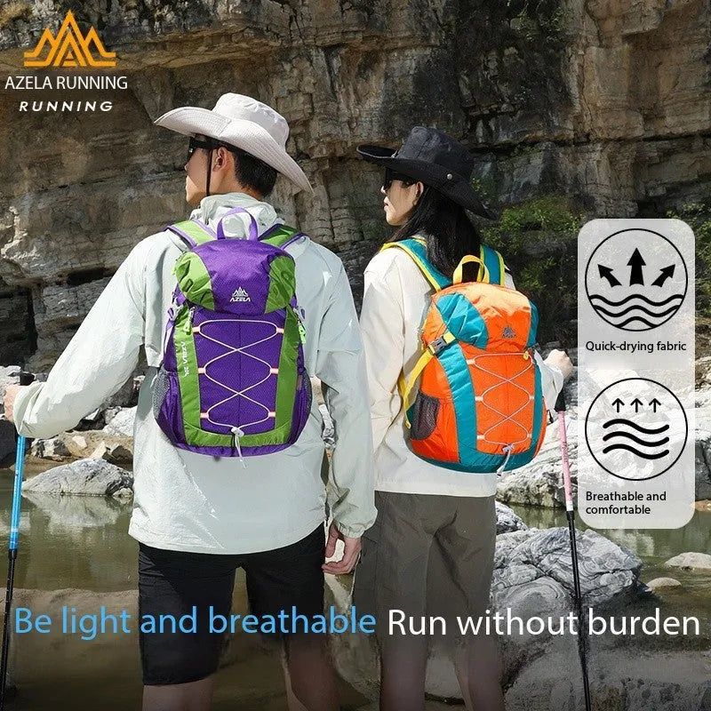 AZELA 20L Color Block Lightweight Hiking Backpack in orange and black, front view, on a rocky outdoor surface