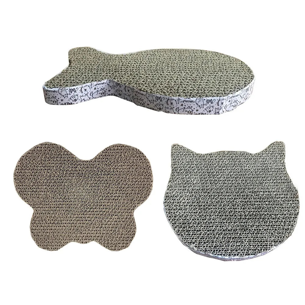 Three cat scratcher shapes: fish, butterfly, and cat head in corrugated paper