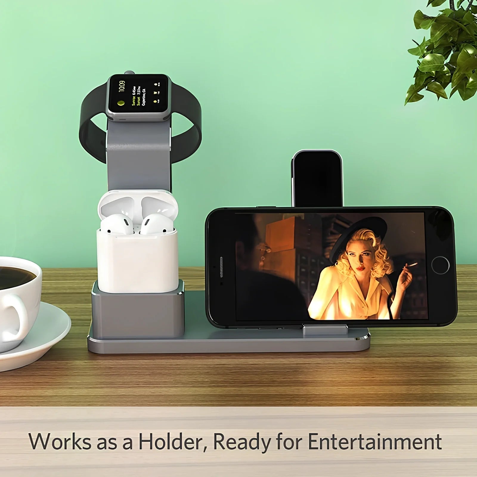 4-in-1 AirPods charging dock with wireless charging pad, Apple Watch charger, and USB port