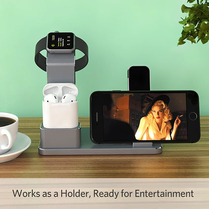 4-in-1 AirPods charging dock with wireless charging pad, Apple Watch charger, and USB port