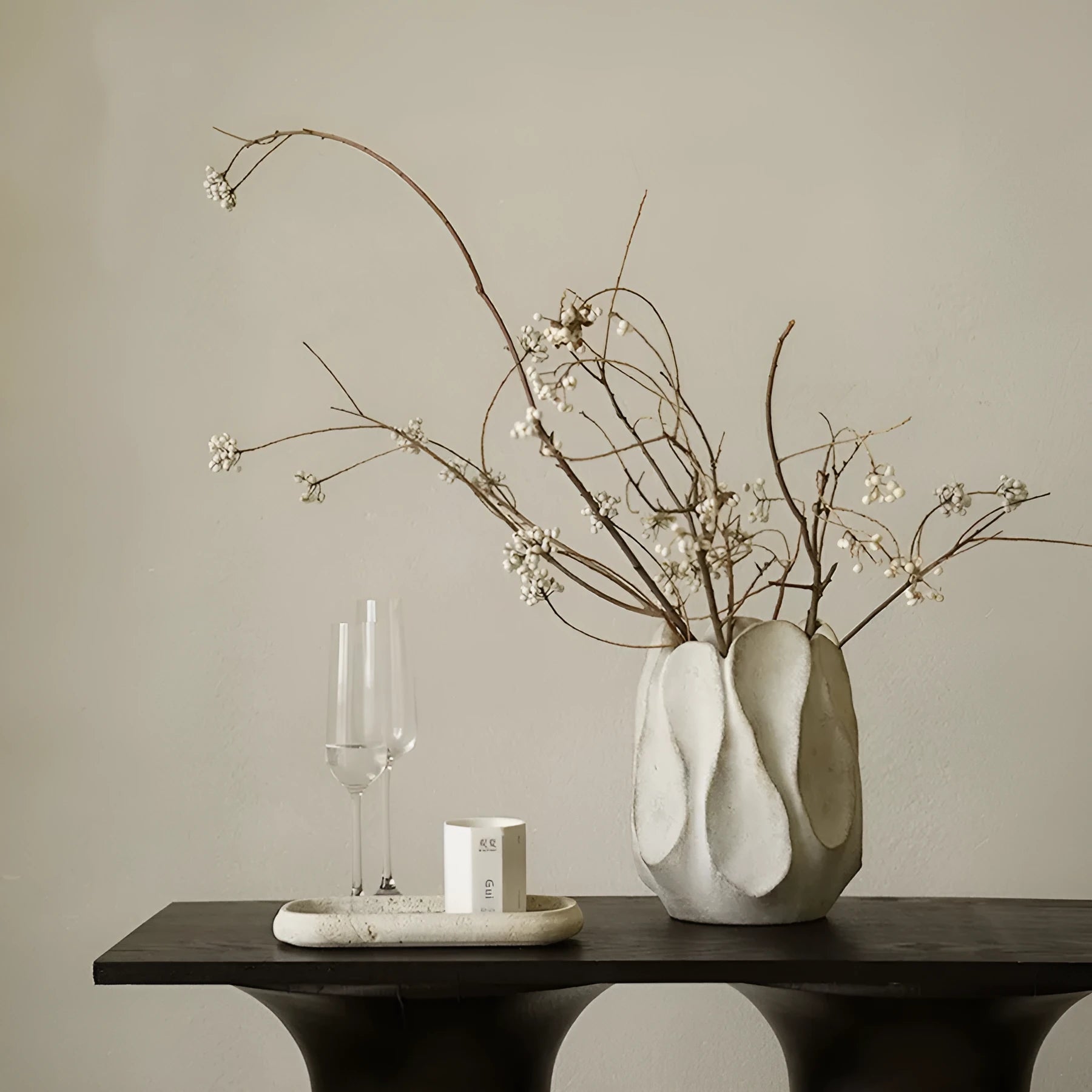 Handmade irregular ceramic vase in natural magnesium clay colour for flower arrangements