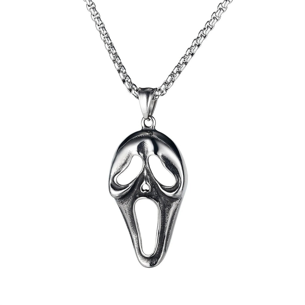 Silver men's skull necklace with stainless steel chain and alloy pendant in six design variations