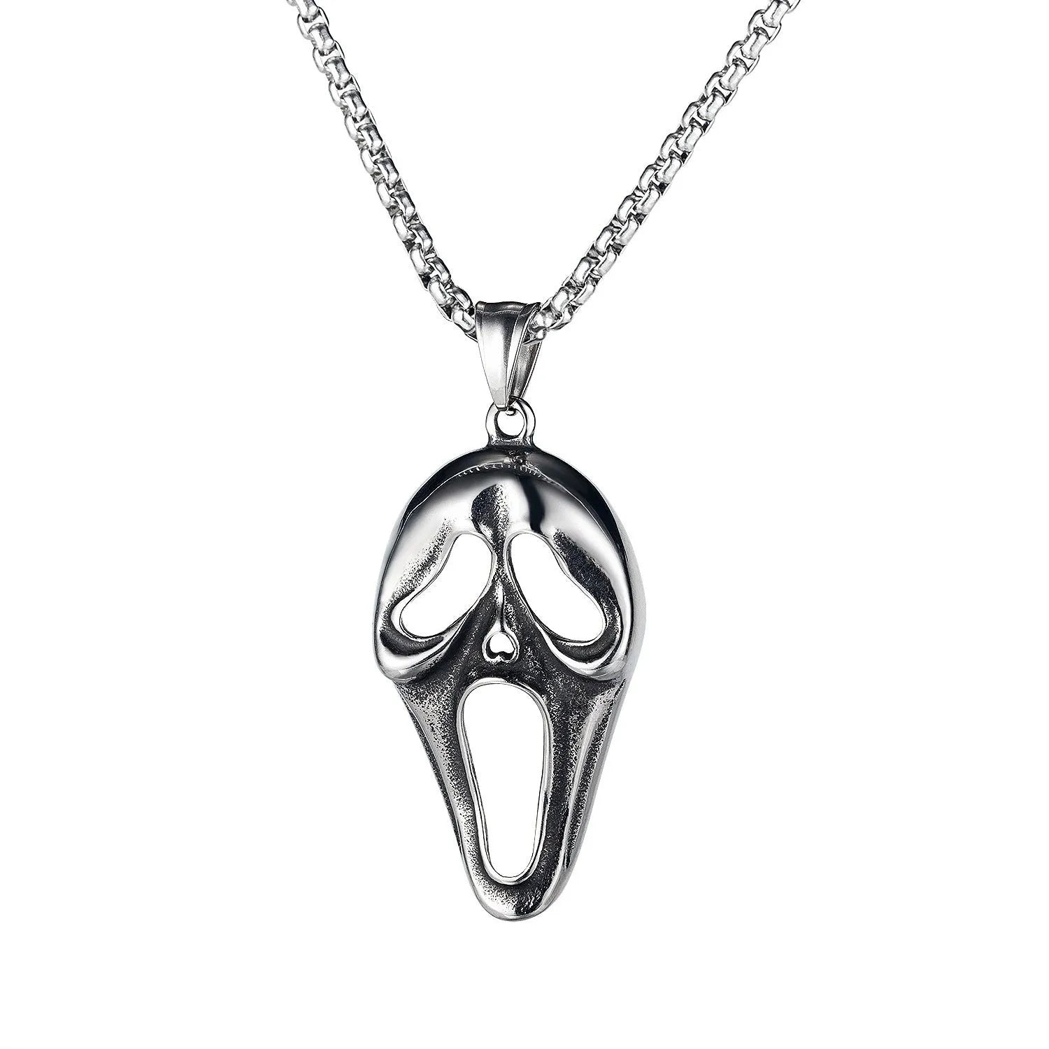 Silver men's skull necklace with stainless steel chain and alloy pendant in six design variations