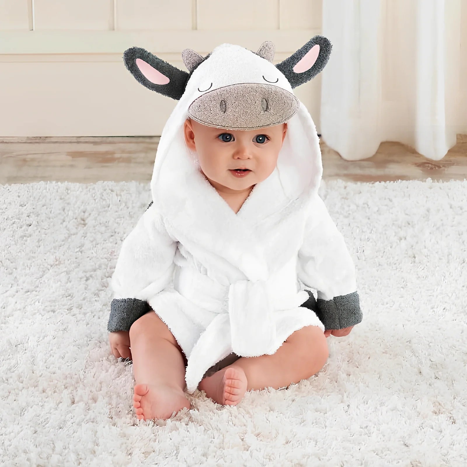Cotton baby bathrobe with animal hood showing panda design, belt fastening, and absorbent fabric