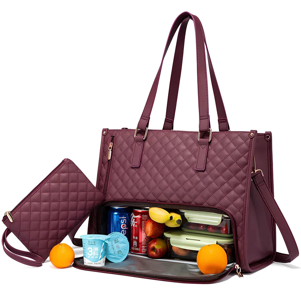 Brown women's insulated lunch bag 42x30x18cm with leak-proof lining and diagonal strap