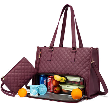 Brown women's insulated lunch bag 42x30x18cm with leak-proof lining and diagonal strap