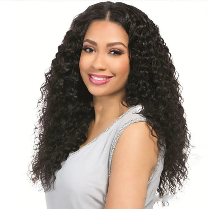 Black synthetic hair curler wig for women, 65cm length with adjustable size, side view