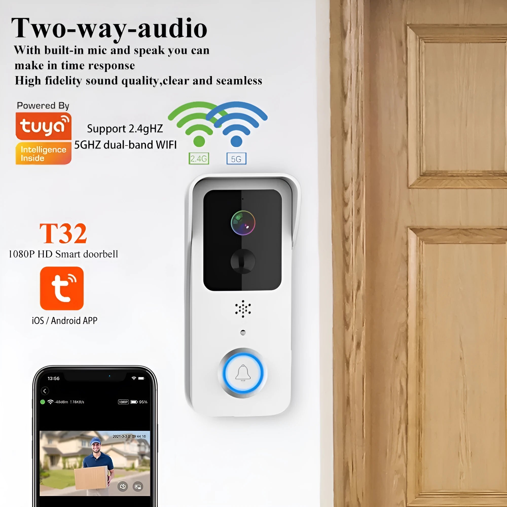 Black and white waterproof smart home visual doorbell with HD remote intercom.