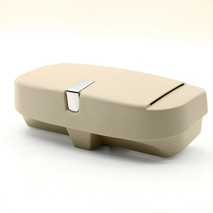 Beige car visor glasses clip, 170mm silver coated steel with electrostatic film, secures sunglasses on sun visor