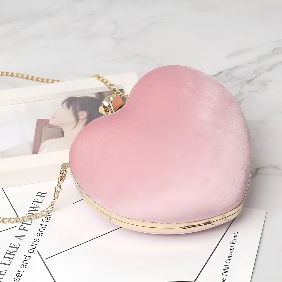 Heart-shaped plush cotton chain bag in pink with chain strap and hook closure