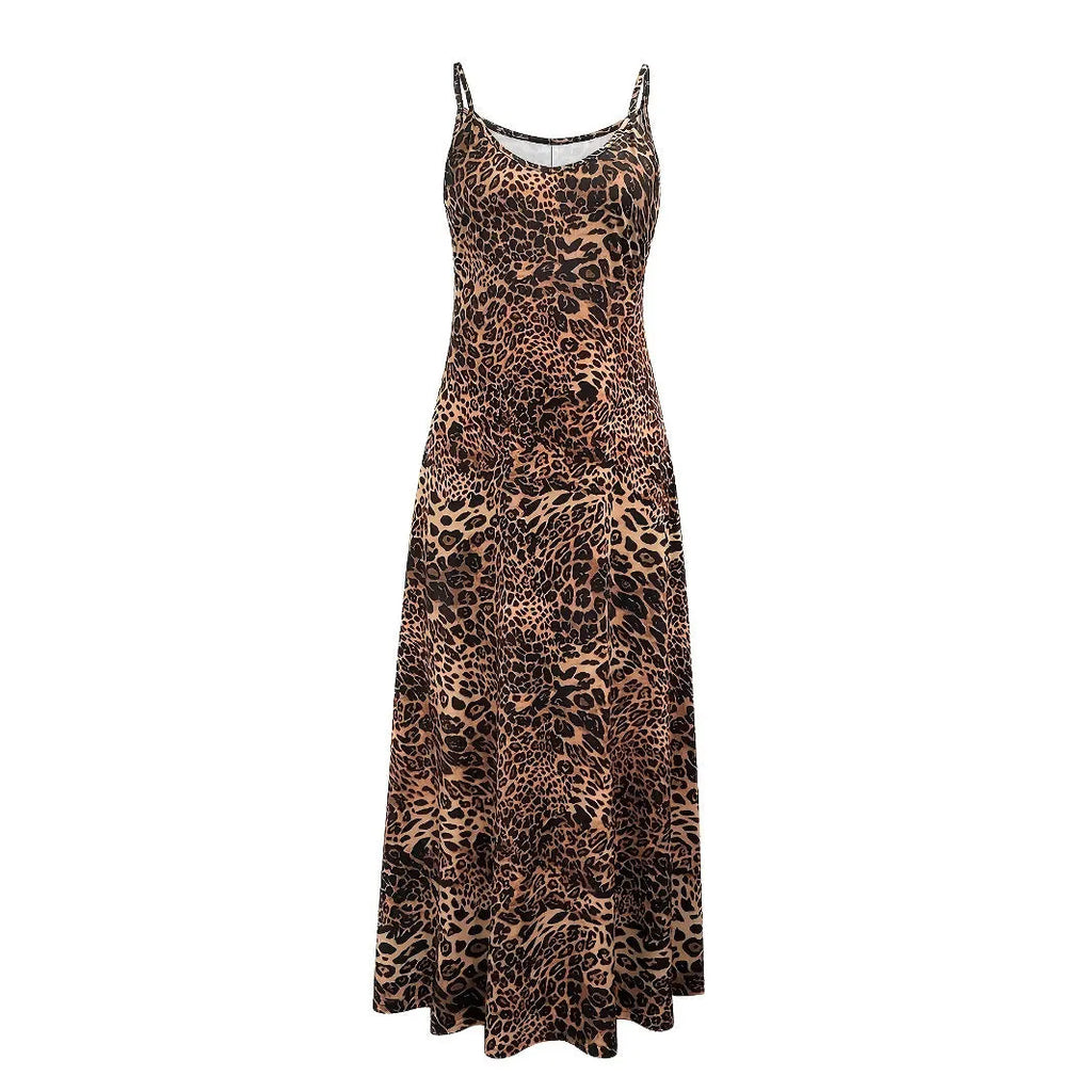 Dark brown leopard print sleeveless dress with round neck and shoulder straps in milk silk polyester fabric