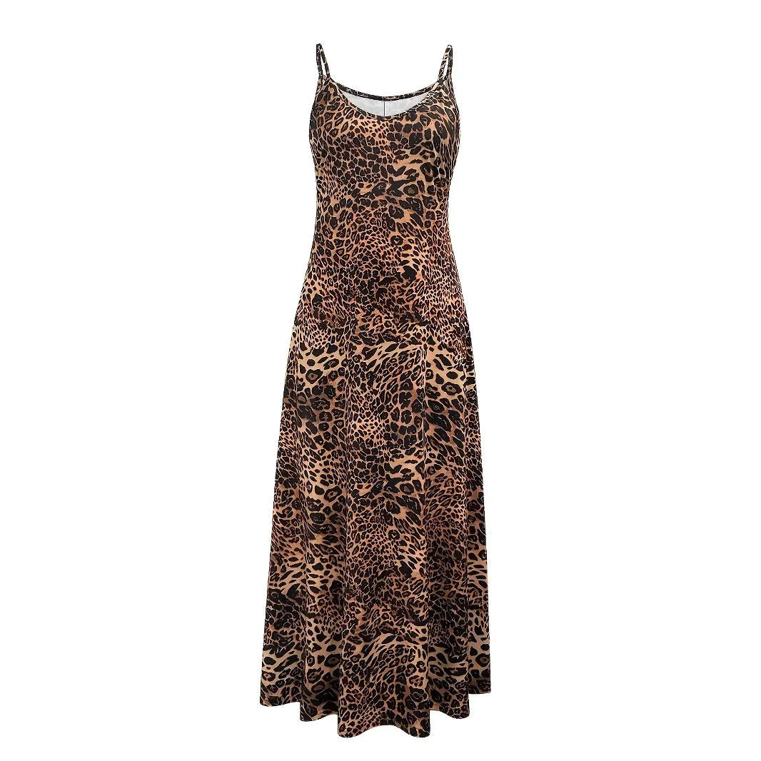 Dark brown leopard print sleeveless dress with round neck and shoulder straps in milk silk polyester fabric