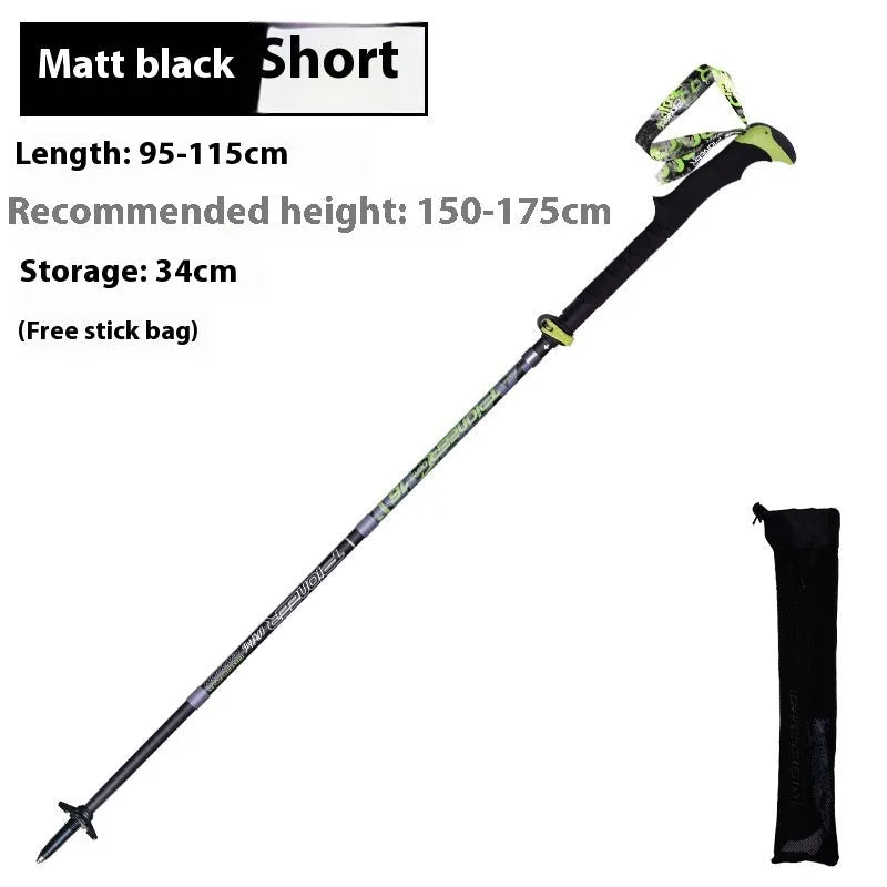 Carbon fibre folding climbing cane with tungsten steel tip shown extended and collapsed