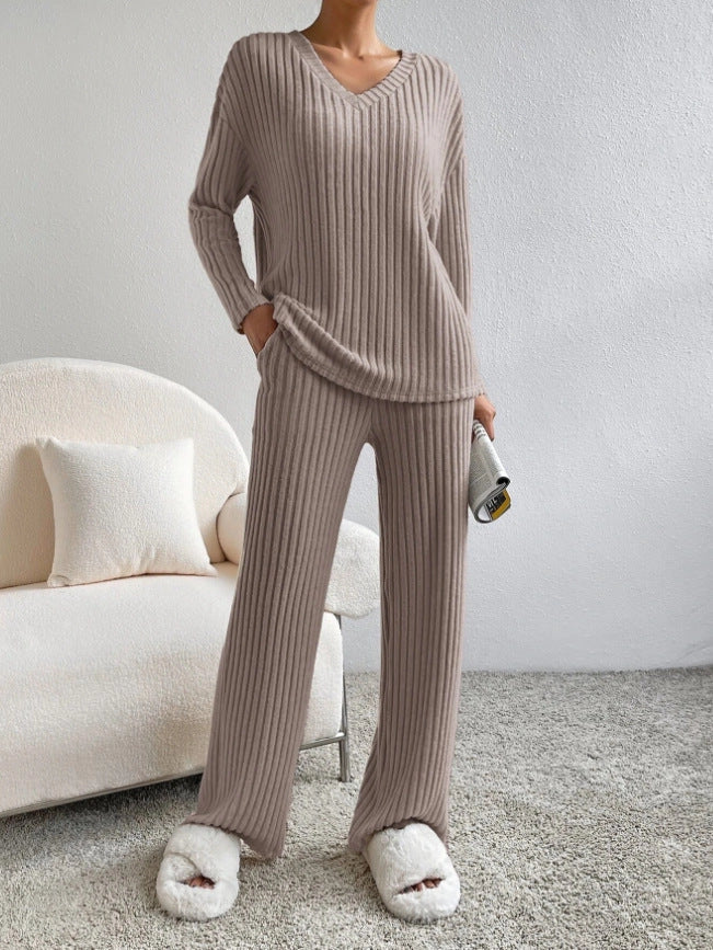 Women's polyester suit set with V-neck top and straight pants in various colours