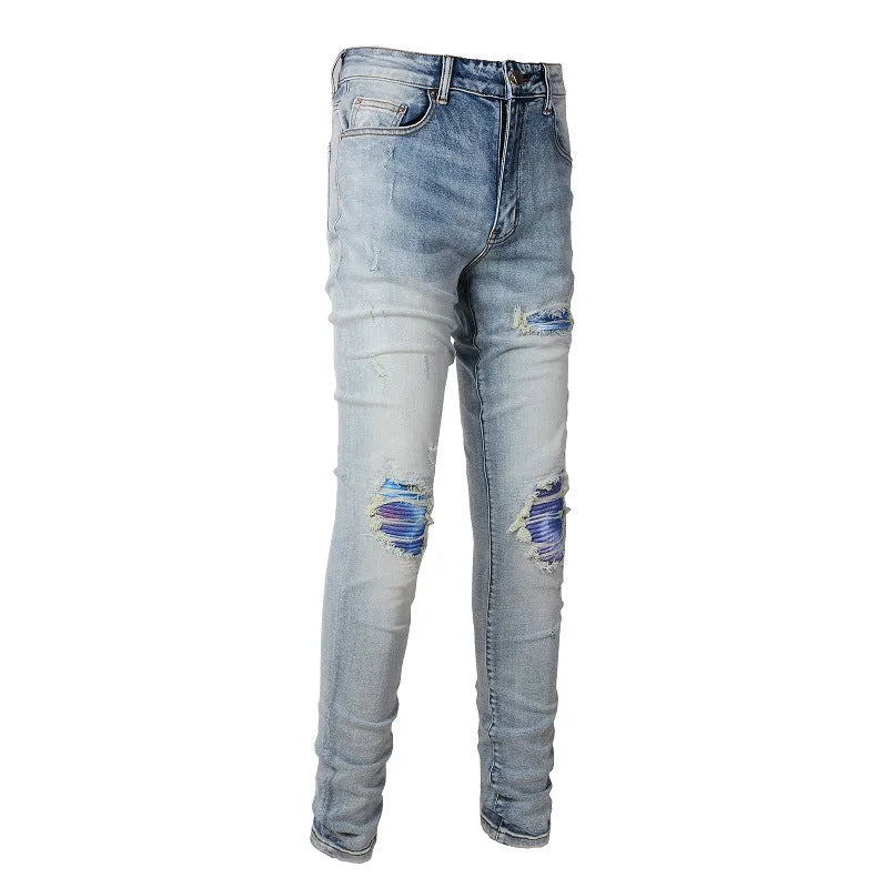 Distressed cat beard patch ripped stretch denim jeans for youth, mid rise, straight leg, cotton, sizes 28 to 40